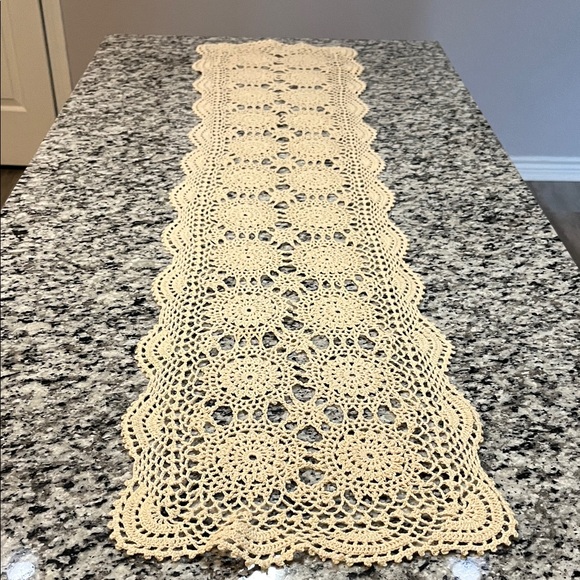 VTG Handmade Cream crochet Table Runner Doily 56” x 12.5”Country Farmhouse - Picture 1 of 7